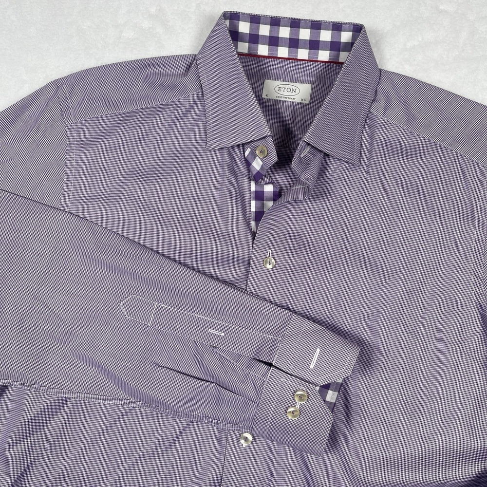 Eton Shirt Men's Size 16.5  42 Contemporary Fit Dress Purple Micro Check Cotton